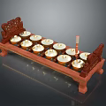 Traditional Percussion Musical Equipment With Carved Wooden Frame Golden Brass Bowls And Mallet