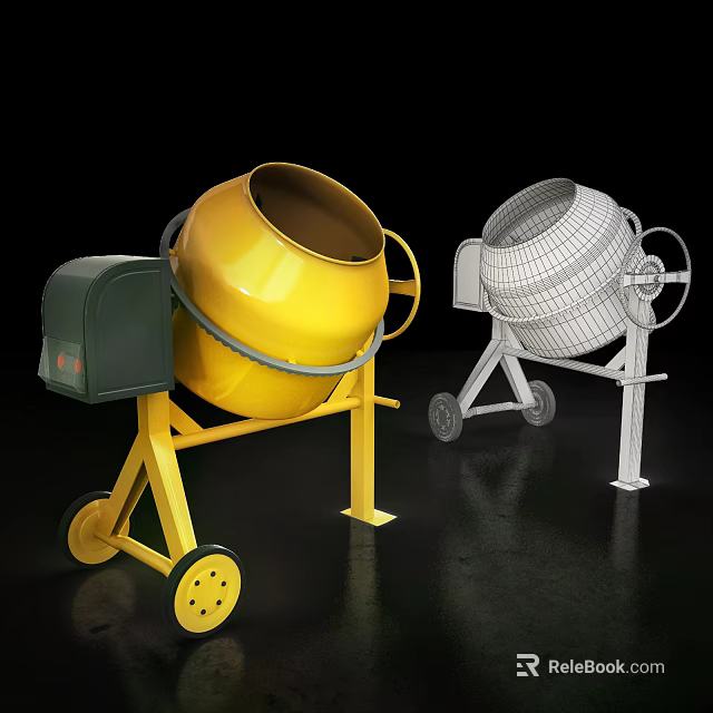 Industrial Equipment Concrete Mixer With Yellow Body And White Wireframe Model On Wheeled Stand 3d model 