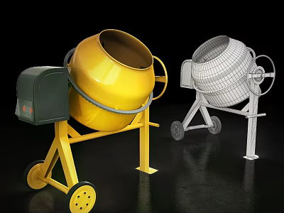 Industrial Equipment Concrete Mixer With Yellow Body And White Wireframe Model On Wheeled Stand 3d model