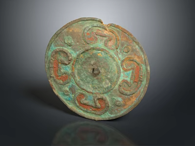 Ancient Bronze Mirror Featuring Intricate Patterns Greenish Patina And Red Motifs 3d model