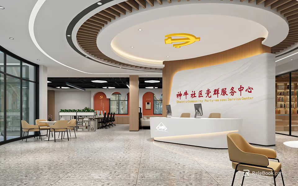 Modern Community Service Center Reception Desk With Bright Interior And Seating Area 3d model 