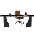 Modern Office Desk With Wooden Top Brown Leather Chair And Decorative Figurines