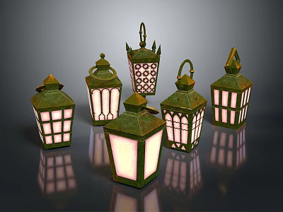 Vintage Decorative Lanterns With Green Tops And Intricate Patterns For Home Decor 3d model