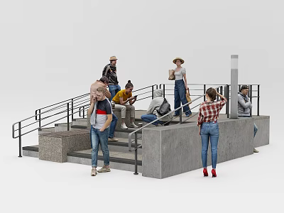 Group of People Walking Up Steps Sitting And Standing On Platform With Railings 3d model