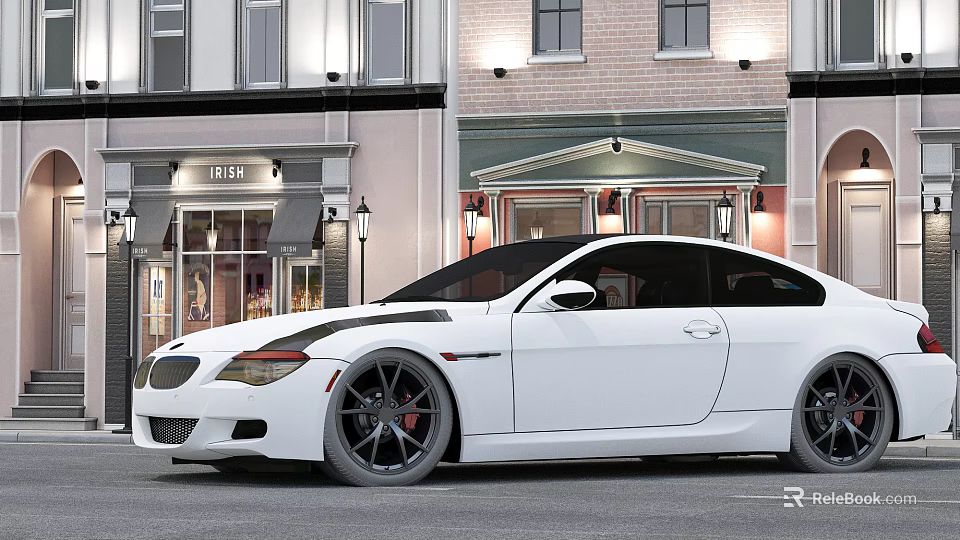 White Sports Car with Black Stripes Parked on Street Near Storefront Buildings 3d model 
