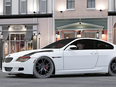 White Sports Car with Black Stripes Parked on Street Near Storefront Buildings 3d model