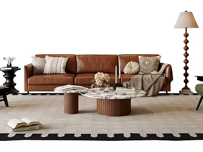 Modern Leather Sofa and Marble Coffee Table Set with Pillows Throw Blanket and Rug 3d model