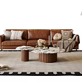 Modern Leather Sofa and Marble Coffee Table Set with Pillows Throw Blanket and Rug