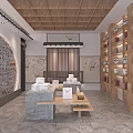 Chinese Tea Tasting Space With Wooden Shelves Stone Wall And Green Calligraphy Decor