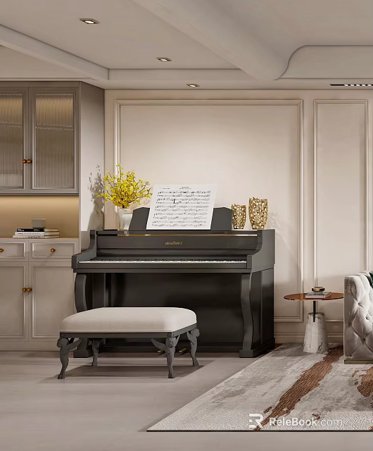 Elegant Musical Instruments And Art Supplies Interior Featuring Black Piano Sheet Music And Yellow Flowers 3d model 