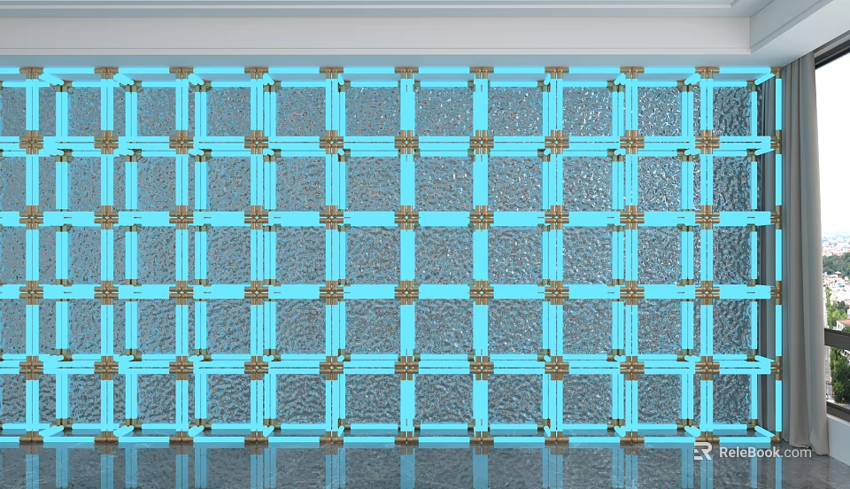 Blue Background Wall with Golden Grid Patterns and Art Deco Decorative Design 3d model 