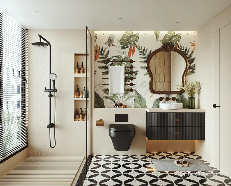 Modern Bathroom Interior Featuring Tropical Plant Wallpaper Decorative Mirror Black Toilet And Dark Cabinets 3d model 