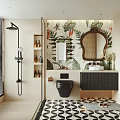 Modern Bathroom Interior Featuring Tropical Plant Wallpaper Decorative Mirror Black Toilet And Dark Cabinets