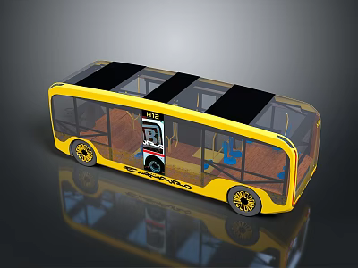 Yellow Eco Bus Design With Black Roof Transparent Windows And Wheels 3d model