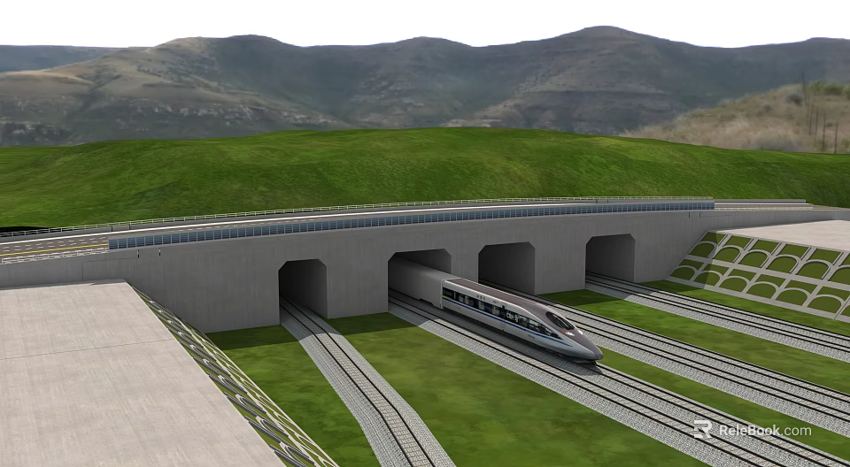 Railway Tunnel Road Infrastructure With High-Speed Train Tracks And Green Landscapes 3d model 