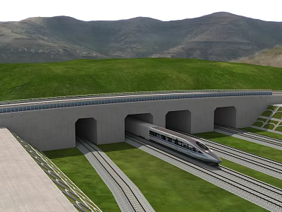 Railway Tunnel Road Infrastructure With High-Speed Train Tracks And Green Landscapes 3d model