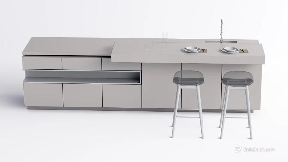 Modern Bar Counter Design With Gray Cabinets And Transparent Bar Stools 3d model