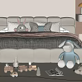 Cozy Kids Bed With Upholstered Headboard Pillows Stuffed Toys And Wooden Toys On Rug