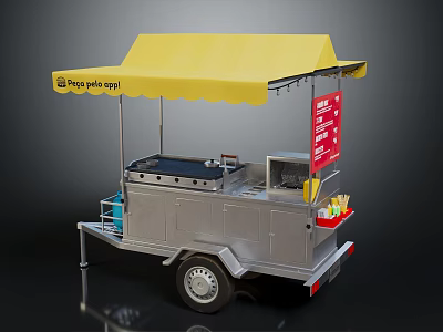 Street Food Cart With Yellow Canopy Red Menu Board And Silver Body 3d model