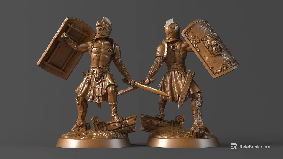 Intricate Bronze Warrior Sculpture Carving Featuring Shield Armor And Decorative Base 3d model 