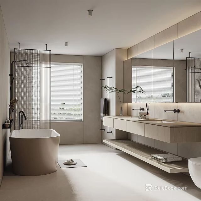 Modern Bathroom Interior Design With Bathtub Shower Area Vanity Large Mirror And Potted Plant 3d model 
