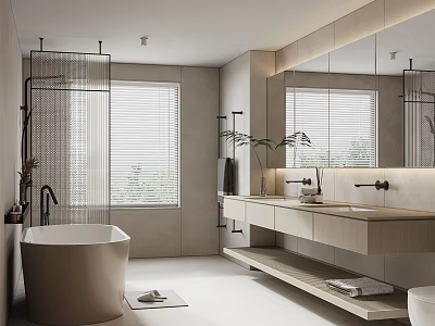 Modern Bathroom Interior Design With Bathtub Shower Area Vanity Large Mirror And Potted Plant 3d model