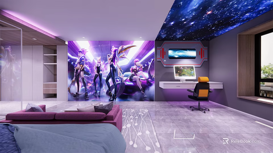 Modern Hotel Room With Starry Ceiling Game Character Mural And Computer Desk 3d model