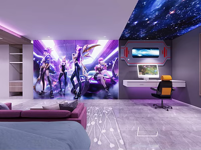 Modern Hotel Room With Starry Ceiling Game Character Mural And Computer Desk 3d model