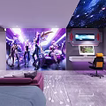 Modern Hotel Room With Starry Ceiling Game Character Mural And Computer Desk 3d model