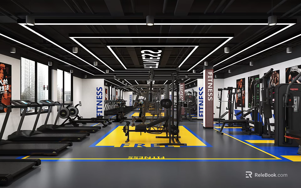 Modern Fitness Gym Interior With Treadmills Workout Equipment Yellow Blue Mats And Bright Lighting 3d model 
