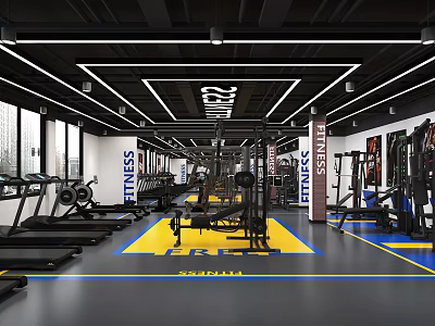 Modern Fitness Gym Interior With Treadmills Workout Equipment Yellow Blue Mats And Bright Lighting 3d model