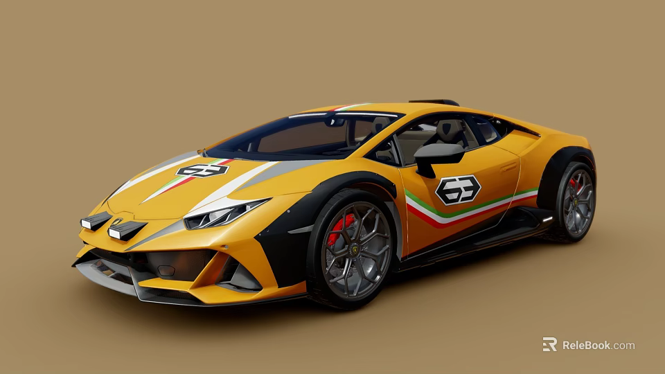 Sporty Yellow Sports Car With 63 Logo And Racing Stripes 3d model 