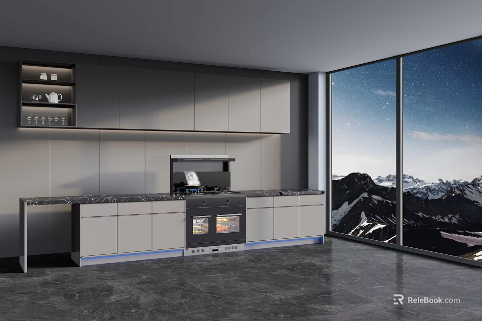 Sleek Modern Kitchen Cabinets With Black Countertop And Large Mountain View Windows 3d model 