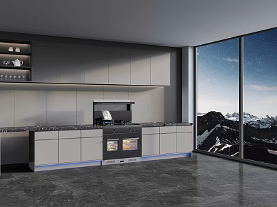 Sleek Modern Kitchen Cabinets With Black Countertop And Large Mountain View Windows 3d model