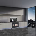 Sleek Modern Kitchen Cabinets With Black Countertop And Large Mountain View Windows