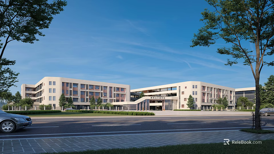 Modern School Buildings Exterior Design With Connected Structures Greenery Trees And Road 3d model 
