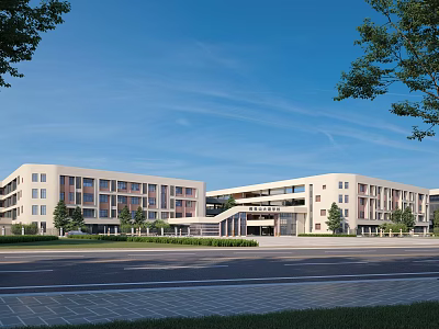 Modern School Buildings Exterior Design With Connected Structures Greenery Trees And Road 3d model