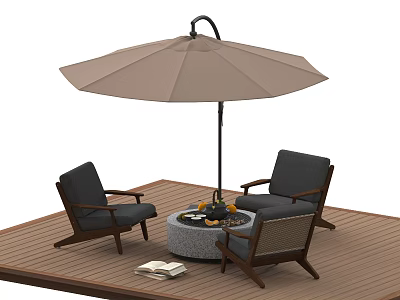 Outdoor Round Table With Fire Pit And Chairs Under Umbrella On Wooden Deck 3d model