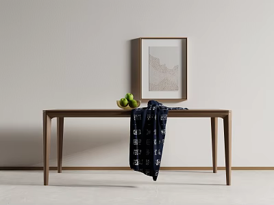 Minimalist Wooden Dining Table With Green Fruits Dark Blue Cloth And Framed Painting On Wall 3d model