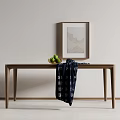Minimalist Wooden Dining Table With Green Fruits Dark Blue Cloth And Framed Painting On Wall