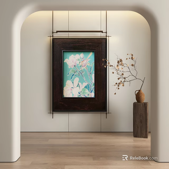 Floral Abstract Painting With Dark Frame On White Wall Near Ceramic Vase With Dried Twigs 3d model 