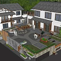 Traditional Chinese Garden Landscape With Circular Courtyard Gray Tile Roofs And Green Plants