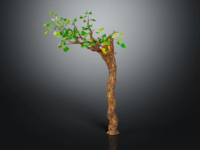 Cartoon Tree Scene With Green Leaves Small Yellow House And Brown Trunk On Dark Background 3d model