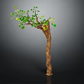 Cartoon Tree Scene With Green Leaves Small Yellow House And Brown Trunk On Dark Background