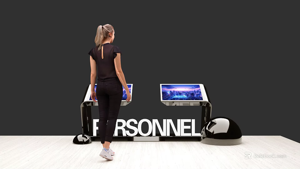 Woman Standing at Two Interactive Screens in Personnel Workstation with Wall Background and Equipment 3d model 