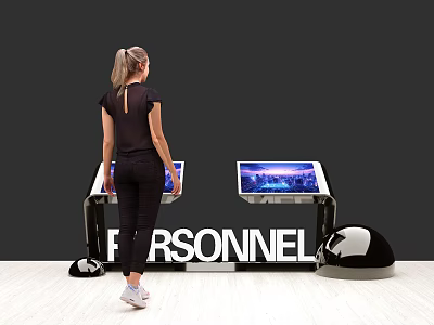 Woman Standing at Two Interactive Screens in Personnel Workstation with Wall Background and Equipment 3d model