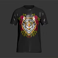 Black T-shirt Featuring Tiger Head Design With Roses And SYNDICATE Text