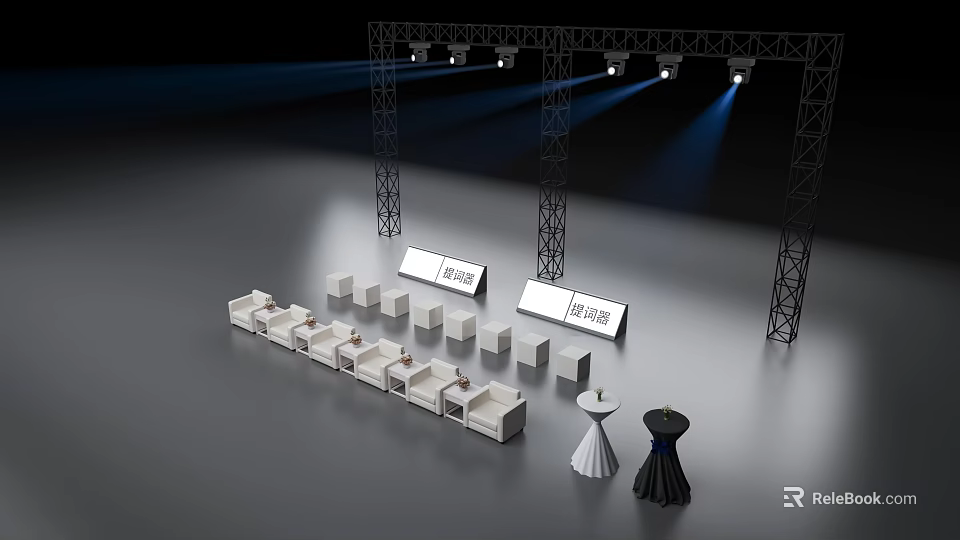 Stage Truss Structure With Lighting White Seats And Toast Beverage Signs Small Tables Setup 3d model 