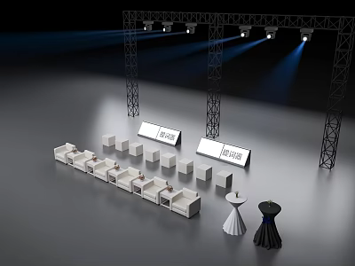 Stage Truss Structure With Lighting White Seats And Toast Beverage Signs Small Tables Setup 3d model