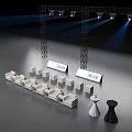 Stage Truss Structure With Lighting White Seats And Toast Beverage Signs Small Tables Setup